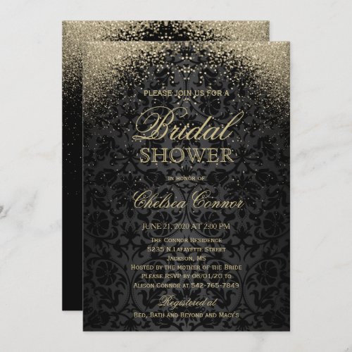 Bridal Shower _ Black Damask and Gold Glitter Invitation