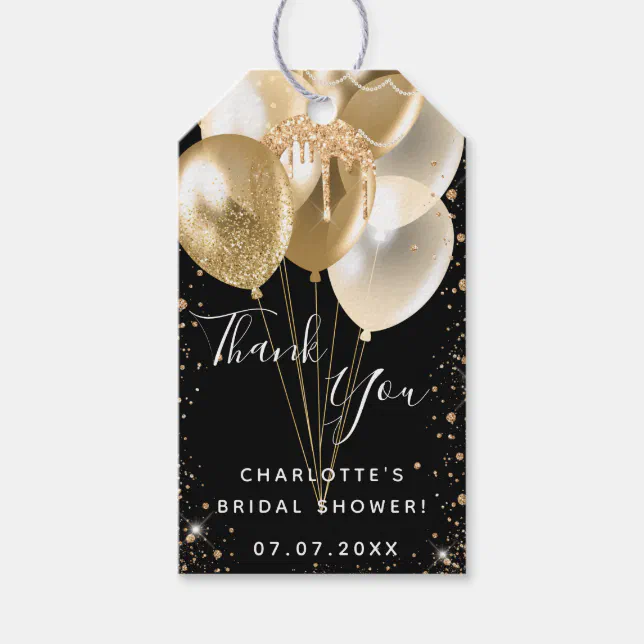 Bridal Shower black gold glitter balloon thank you Gift Tags | Zazzle