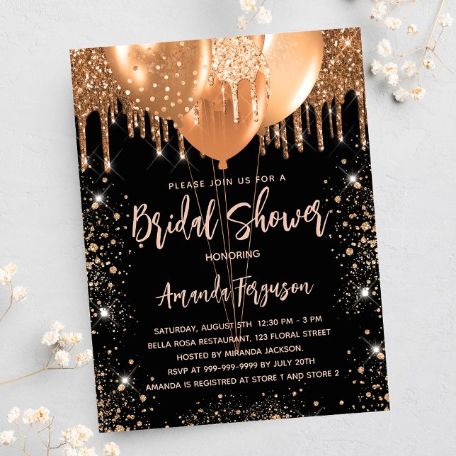Bridal shower black gold glitter balloons glamorou invitation postcard (Creator Uploaded)