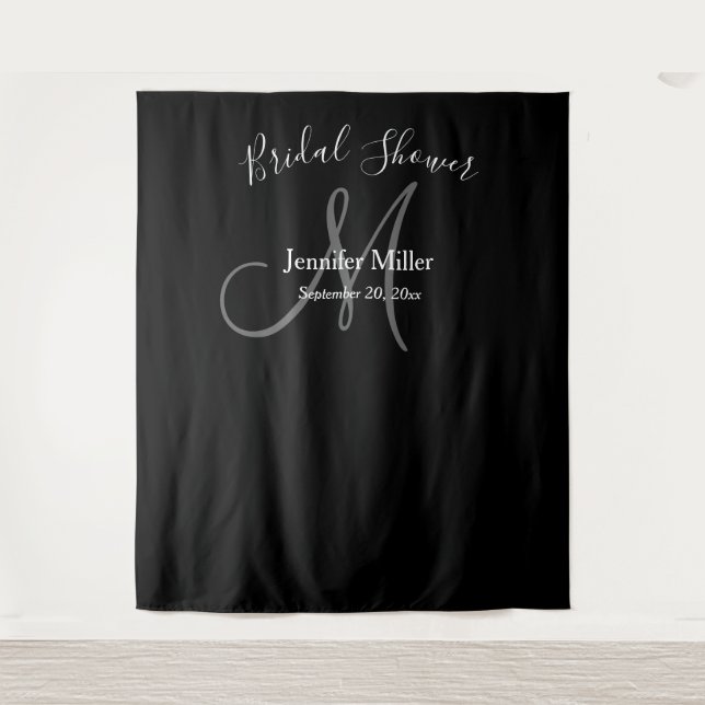Bridal Shower Black Gray Monogram Name Photo Booth Tapestry (Front)