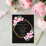 Bridal Shower black pink florals invitation Postcard<br><div class="desc">An elegant tropical summer bridal invitation.  With a faux gold geometric frame decorated with pink hibiscus,  flowers tropical florals with some greenery. Black background color.
The text: Bridal Shower and the bride to be's 's name are written with a modern handlettered style script.  Golden text.
Back: black background color.</div>