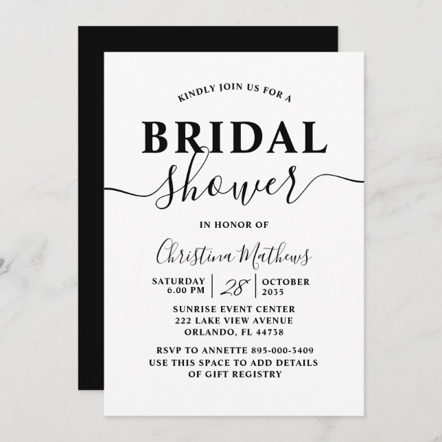 Bridal Shower Black & White Calligraphy Script Invitation (Front/Back)