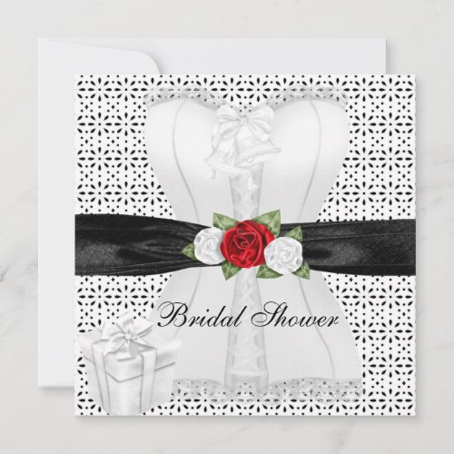 Bridal Shower Black White Corset Red Roses Flower Invitation