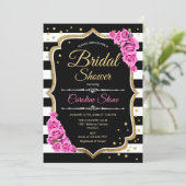 Bridal Shower - Black White Stripes and Pink Roses Invitation (Standing Front)