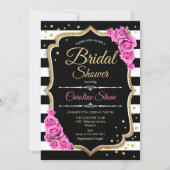Bridal Shower - Black White Stripes and Pink Roses Invitation (Front)