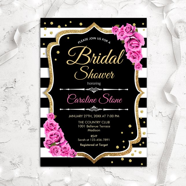 Bridal Shower - Black White Stripes and Pink Roses Invitation