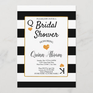 Bridal Shower Black & White Stripes   Gold Hearts Invitation