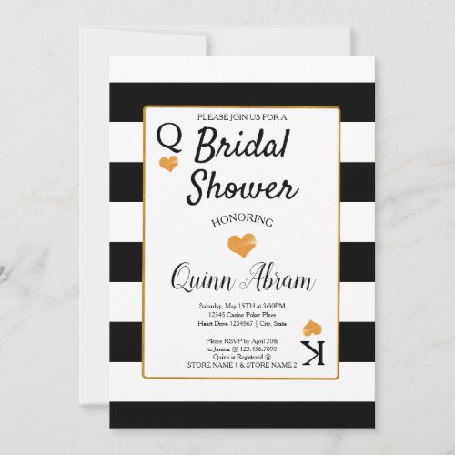 Bridal Shower Black  White Stripes  Gold Hearts Invitation