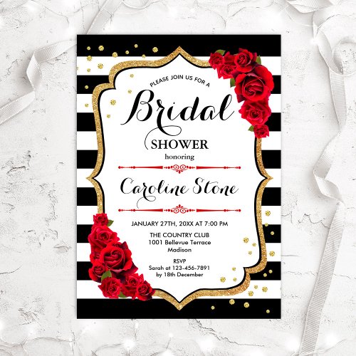 Bridal Shower _ Black White Stripes Gold Red Roses Invitation