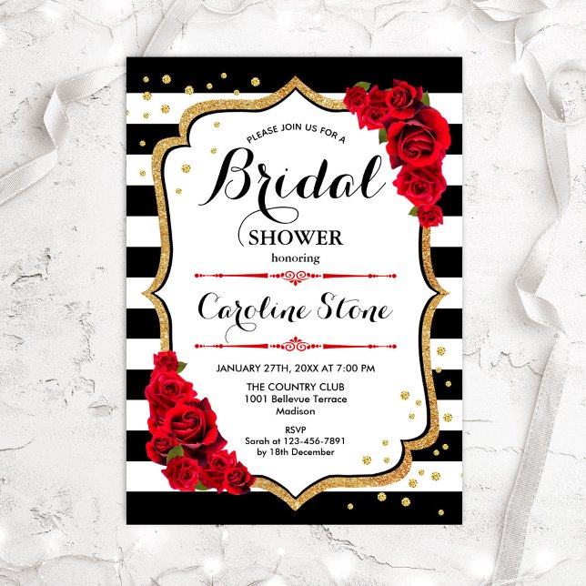 Bridal Shower - Black White Stripes Gold Red Roses Invitation (Creator Uploaded)