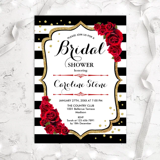 Bridal Shower - Black White Stripes Gold Red Roses Invitation | Zazzle