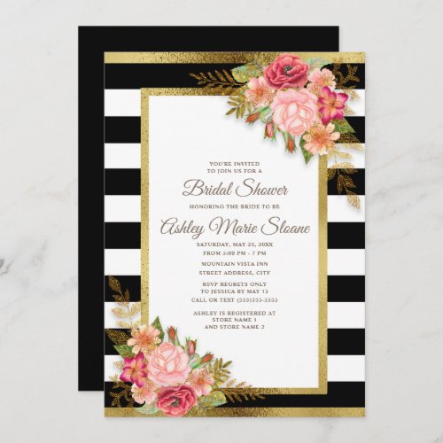 Bridal Shower Black White Stripes Pink Floral Gold Invitation