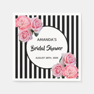 Bridal Shower black white stripes pink flowers Napkins
