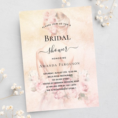 Bridal shower blonde bride rose gold blush invitation postcard