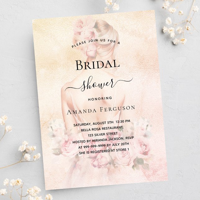 Bridal shower blonde bride rose gold luxury invitation (Creator Uploaded)