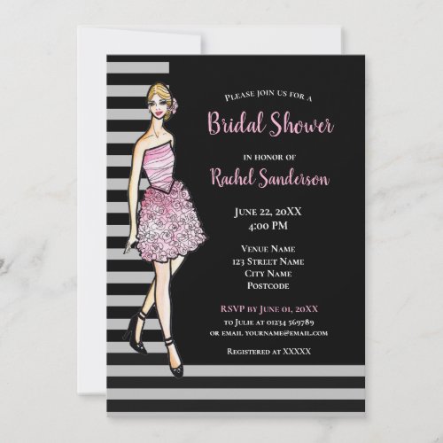 Bridal Shower Blonde Girl with Pink Roses Dress Invitation