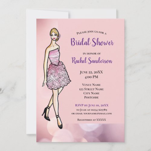 Bridal Shower Blonde Girl with Pink Roses Dress Invitation