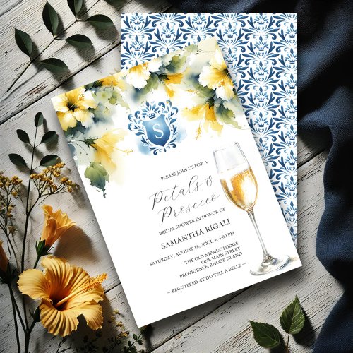 Bridal Shower Blue and Yellow Petals  Prosecco Invitation