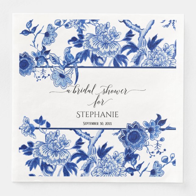 Bridal Shower Blue Chinoiserie Floral Watercolor Paper Dinner Napkins (Front)