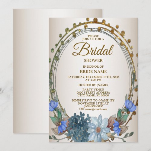 Bridal Shower Blue Floral Golden Geometric Vintage Invitation