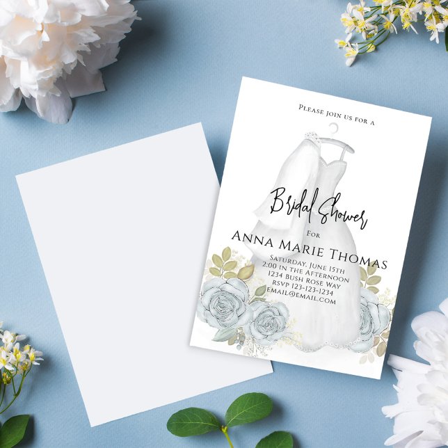 Bridal Shower Blue Floral Watercolor Wedding Dress Invitation (Elegant Bridal Shower invitation with beautiful blue floral roses and wedding gown)