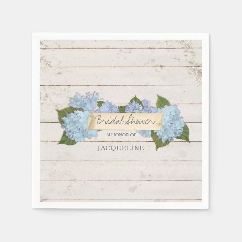 Bridal Shower Blue Hydrangea Shiplap Wooden Board Paper Napkins