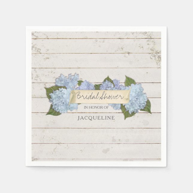 Bridal Shower Blue Hydrangea Shiplap Wooden Board Paper Napkins (Front)
