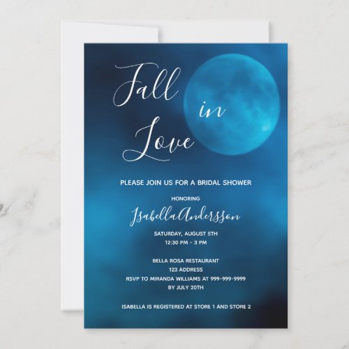 Bridal shower blue moon fall in love romantic invitation