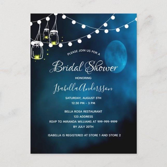 Bridal shower blue moon lights rustic mason jars postcard (Front)