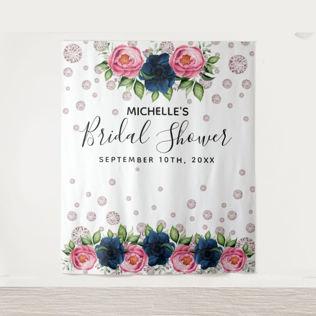 Bridal Shower blue pink florals white diamonds Tapestry (Front)