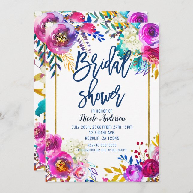 Bridal Shower Blue Script Bold Watercolor Floral Invitation (Front/Back)