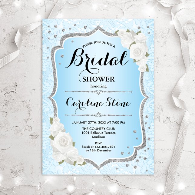 Bridal Shower - Blue Silver White Roses Invitation (Creator Uploaded)