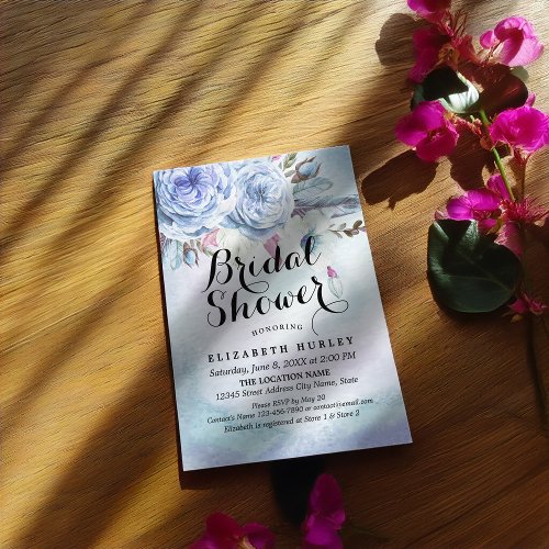Bridal Shower Blue Watercolor Boho Floral Feathers Invitation