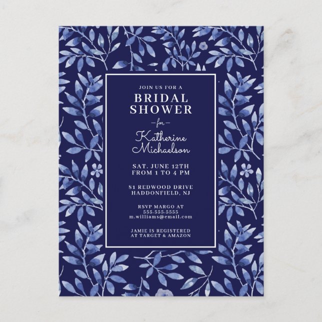 BRIDAL SHOWER | Blue Watercolor Garden Postcard (Front)