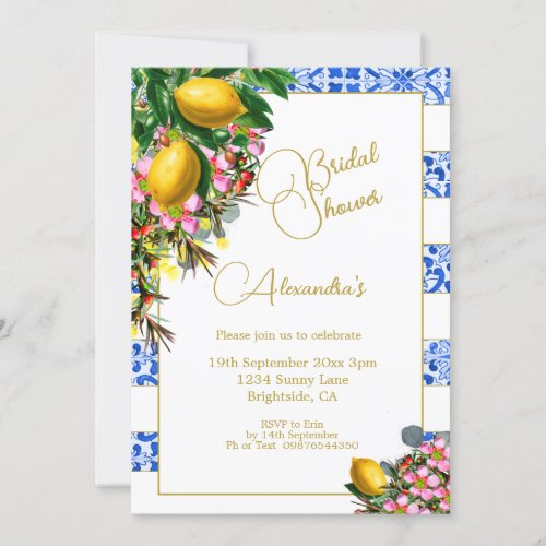 Bridal Shower Blue White Stripe Lemons Floral  Invitation