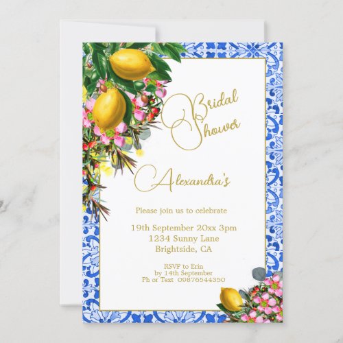 Bridal Shower Blue White Tile Lemons Floral  Invitation