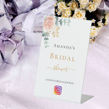 Bridal Shower Blush Floral Eucalyptus Instagram Pedestal Sign by Thunes at Zazzle