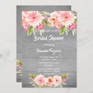 Bridal Shower blush florals gray wood Invitation