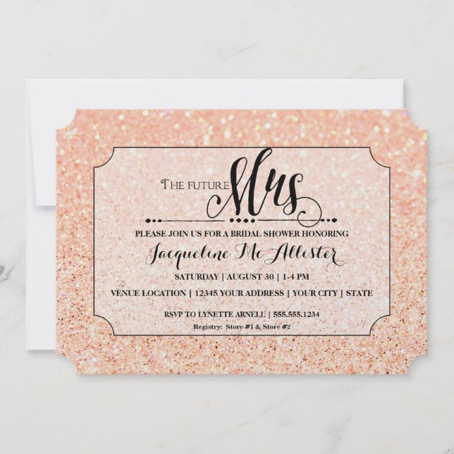 Bridal Shower Blush Glitter Future Mrs. Ticket Invitation (Front)