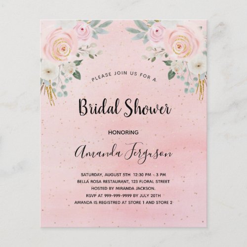 Bridal shower blush pink floral budget invitation flyer