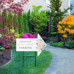 Bridal shower blush pink floral parking arrow sign<br><div class="desc">A chic white background. Decorated with blush pink florals and greenery. Personalize and a name.  Black letters. With the text: Parking</div>