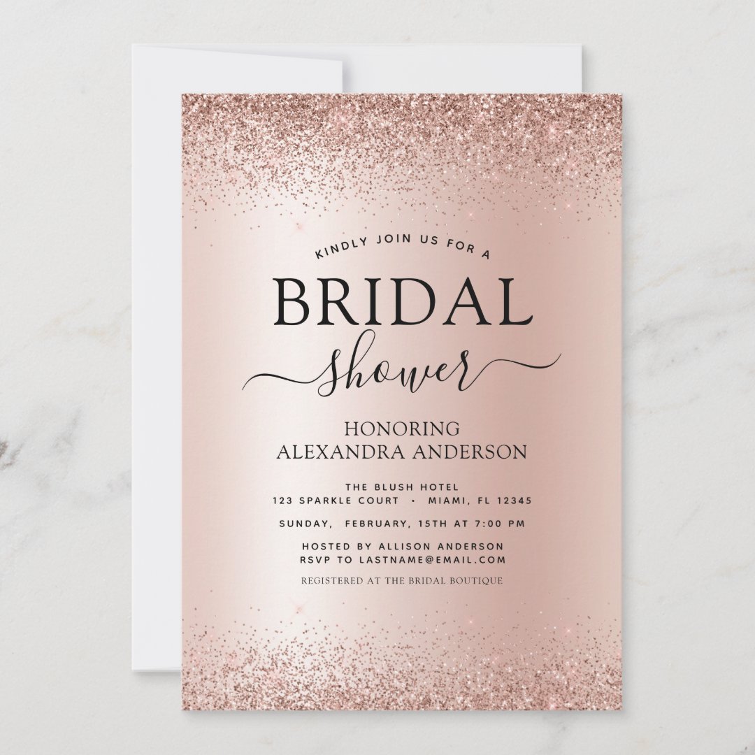 Bridal Shower Blush Pink Glitter Rose Gold Invitation | Zazzle