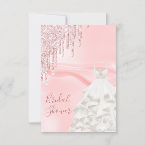 Bridal shower blush pink glitter white dress invitation