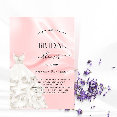Bridal shower blush pink glitter white dress invitation postcard