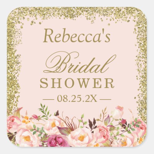 Bridal Shower Blush Pink Gold Glitters Floral Square Sticker