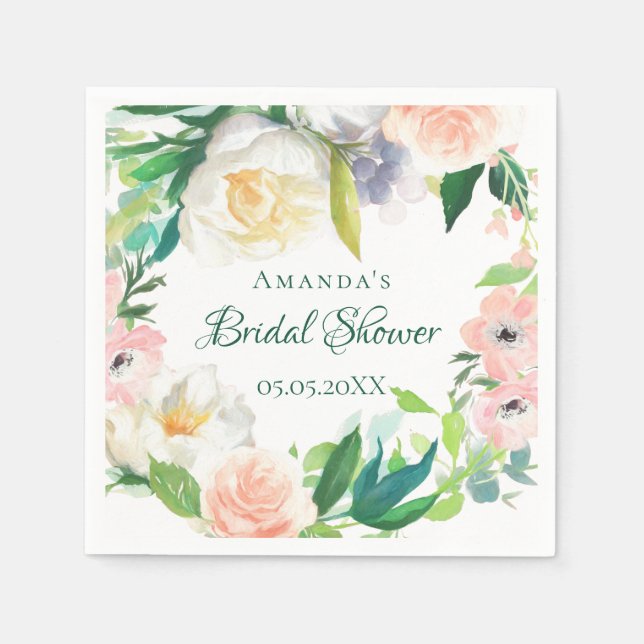 Bridal Shower blush pink greenery florals Napkins (Front)