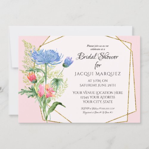 Bridal Shower Blush Pink n Blue Ferns n Floral Art Invitation