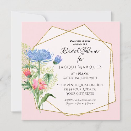 Bridal Shower Blush Pink n Blue Watercolor Floral Invitation
