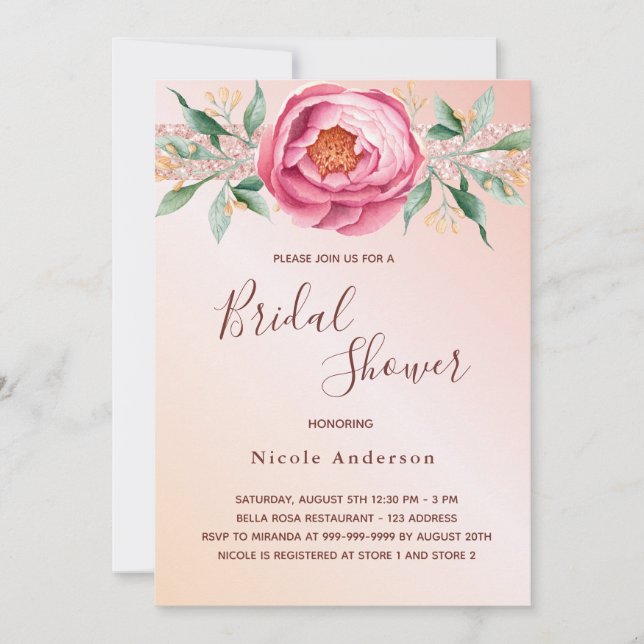 Bridal shower blush pink rose gold florals invitation (Front)