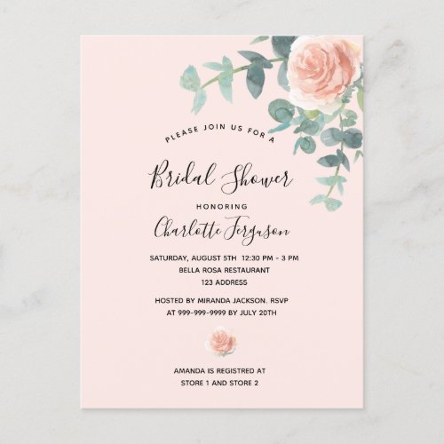 Bridal Shower blush pink rose gold florals Postcard